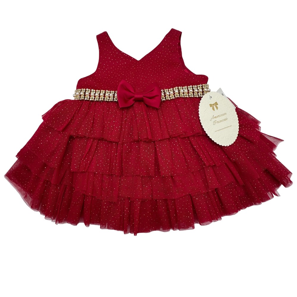 American Princess Red Sparkle Tulle Bow Dress Baby Girl 9 Month Special Occasion